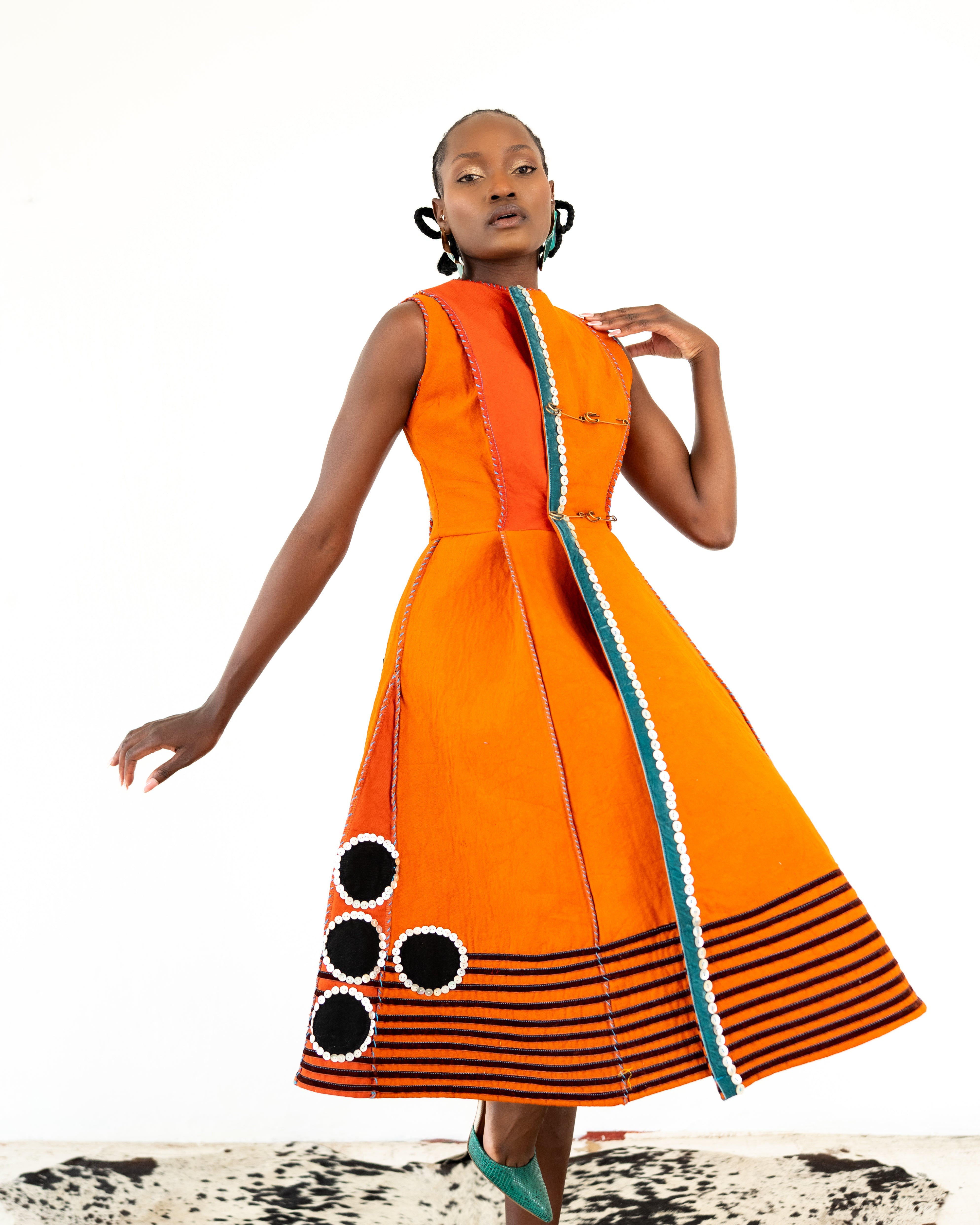 Imbola Orange 'Skhakha' Double Breasted Mbhaco Dress