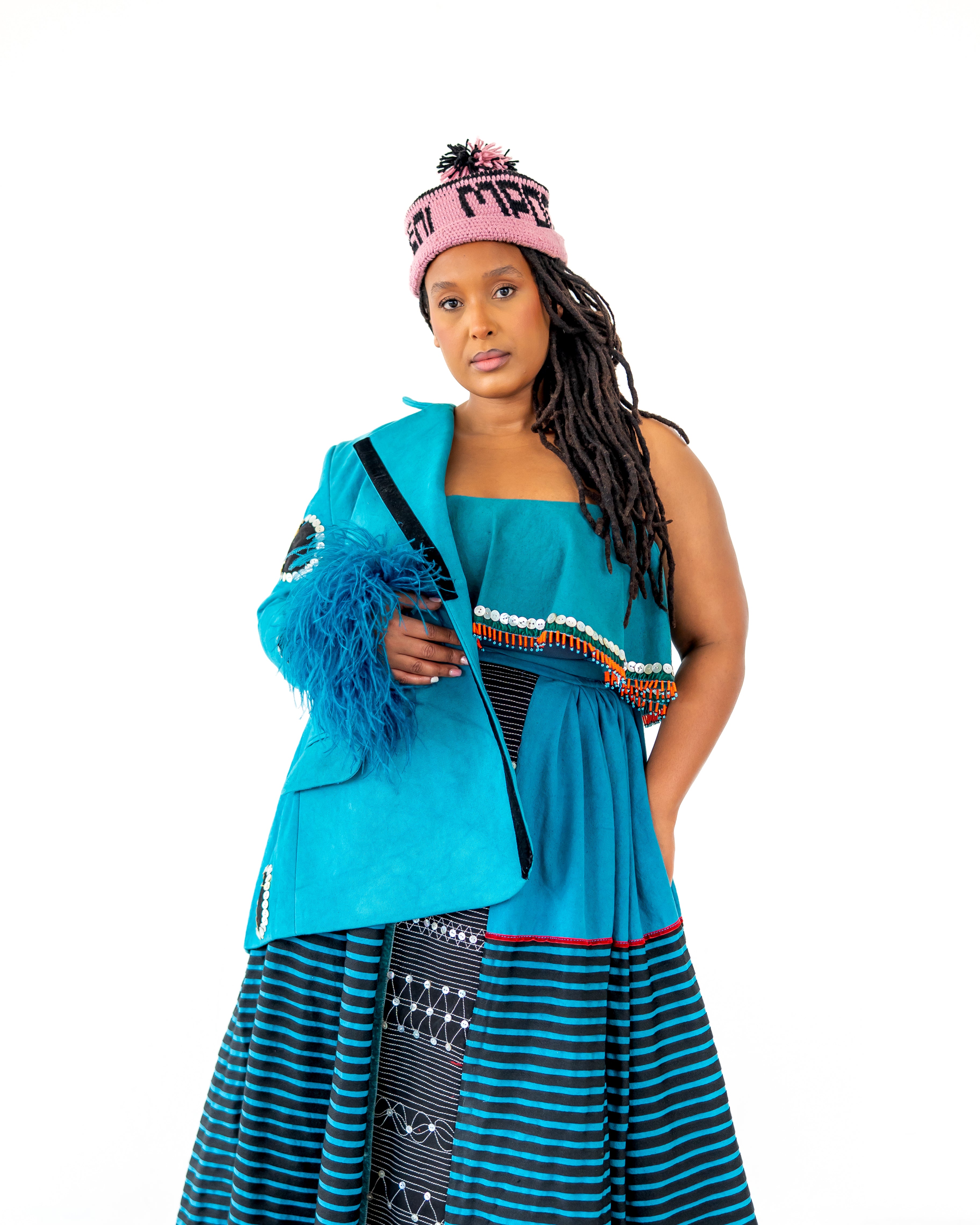 Imbola Tailored Double Breast Turquoise Jacket with Ostrich Feathers