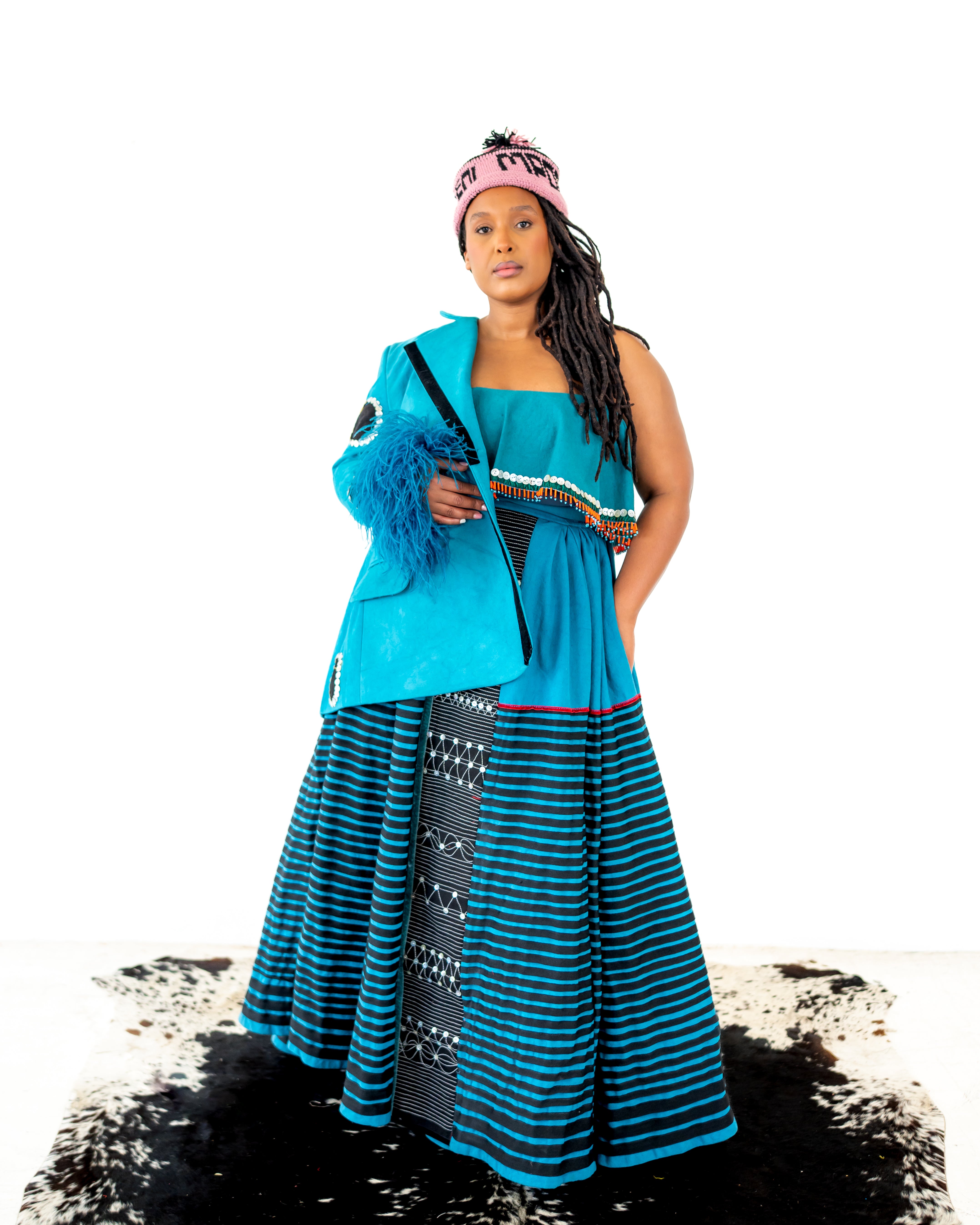 Imbola Tailored Double Breast Turquoise Jacket with Ostrich Feathers