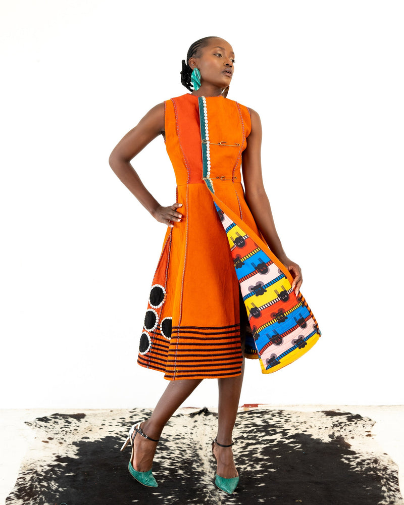 Imbola Orange 'Skhakha' Double Breasted Mbhaco Dress