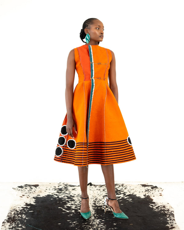 Imbola Orange 'Skhakha' Double Breasted Mbhaco Dress