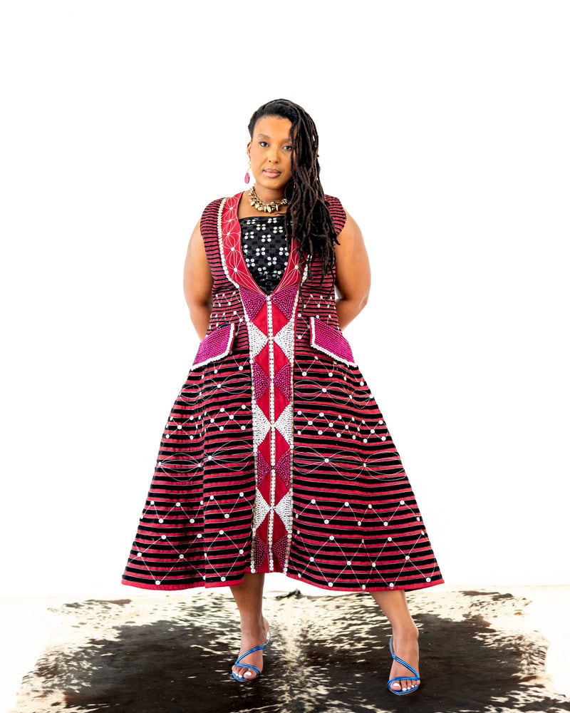 Imbola Burgundy Pearl Beaded Mbhaco Dress