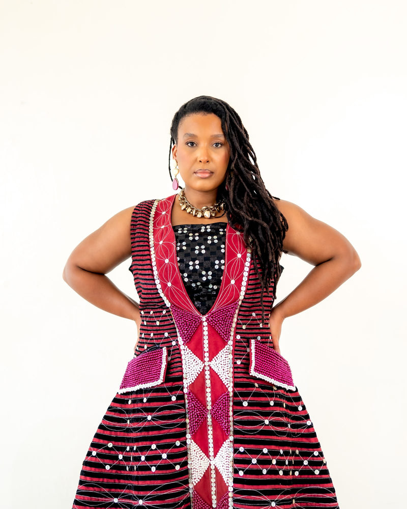 Imbola Burgundy Pearl Beaded Mbhaco Dress
